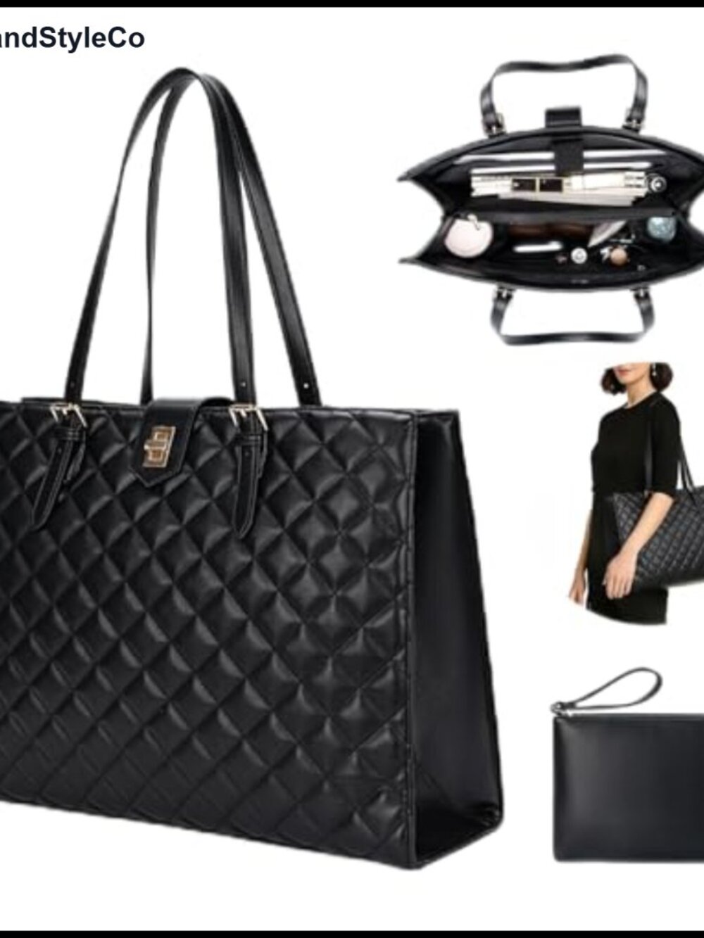 Quilted Faux Leather Laptop Tote Bag with Detachable Clutch Fits 13-14"